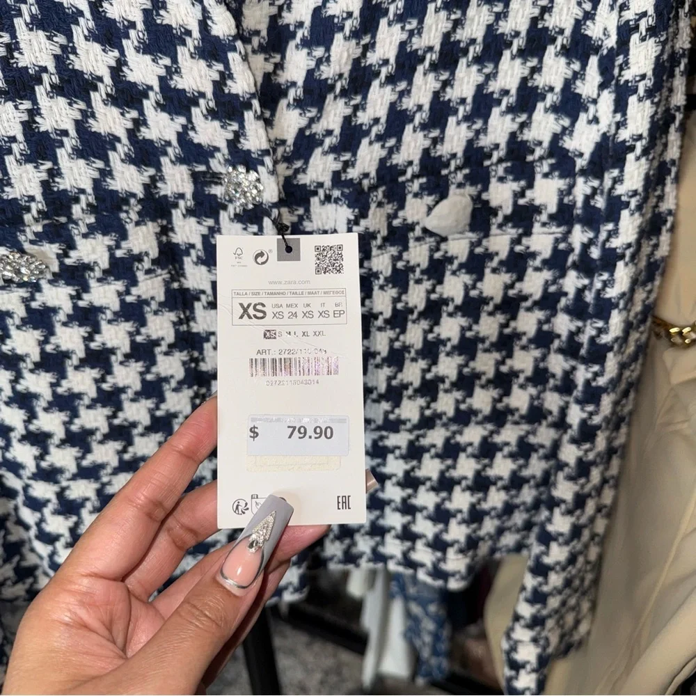 Zara Navy And White Houndstooth Tweed Cropped Jacket Jewel Buttons Womens XS NWT - Picture 4 of 8